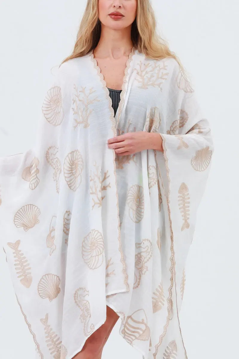 Seahorse Coral Seashell Embroidered Kimono – Ocean Breeze Cover-Up 🌊🐚 Leto Collection