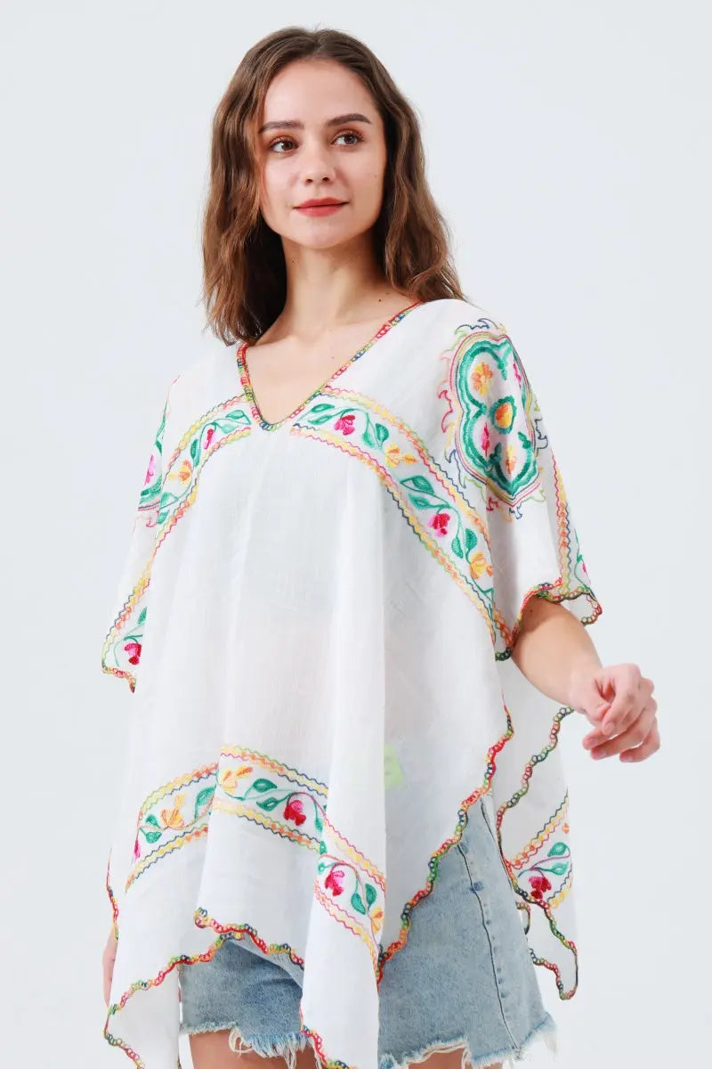 Delicate Floral Line Embroidery Kimono Breezy Spring & Summer Layer White Delicate Floral Line Embroidery Kimono Breezy Spring & Summer Layer White
