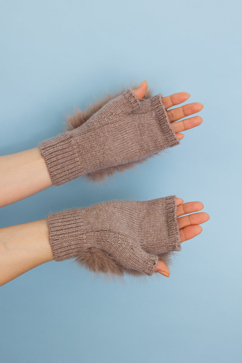 Faux Fur Trim Fingerless Knit Mittens