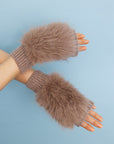 Faux Fur Trim Fingerless Knit Mittens