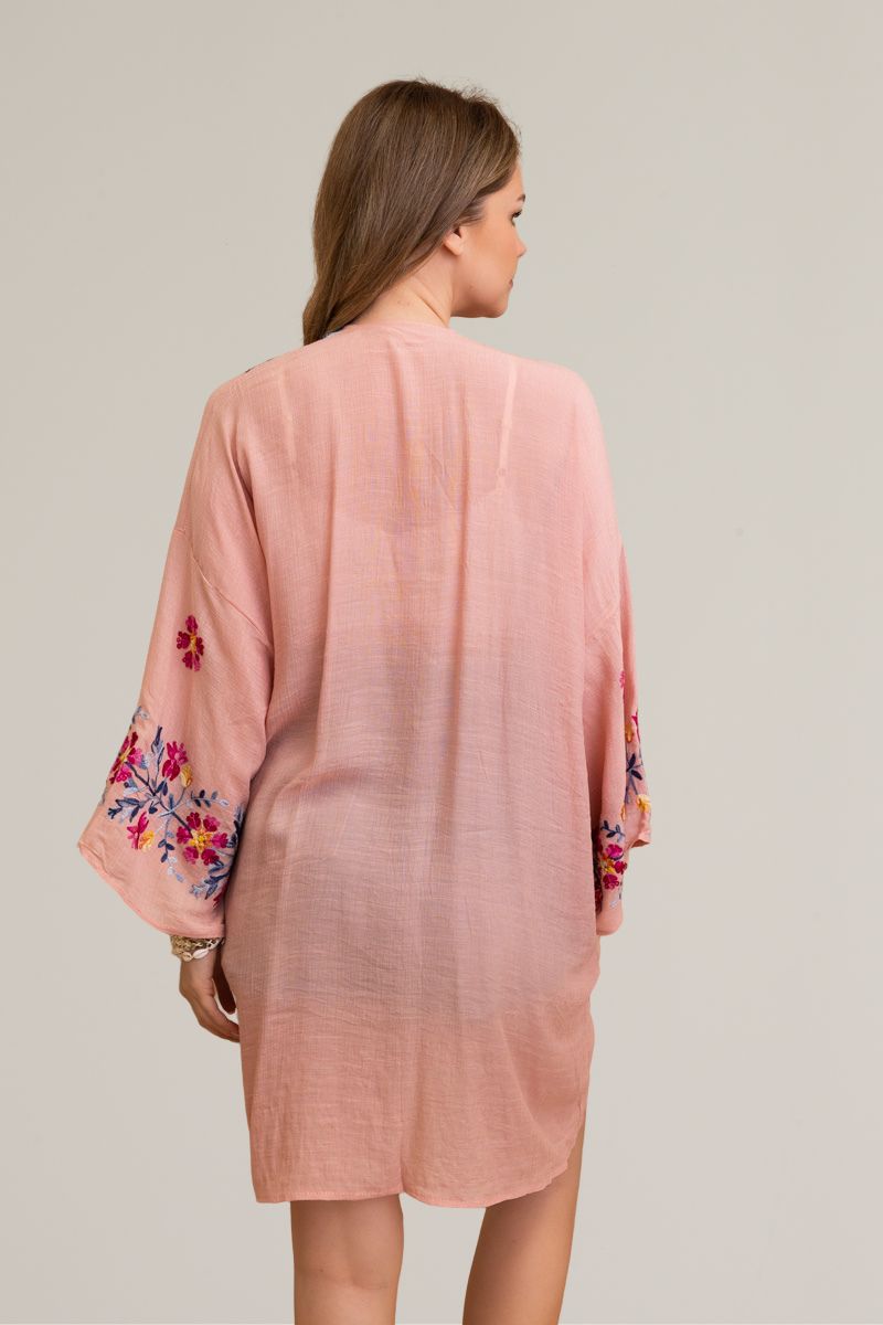 Anemone floral embroidered rose kimono with versatile style.