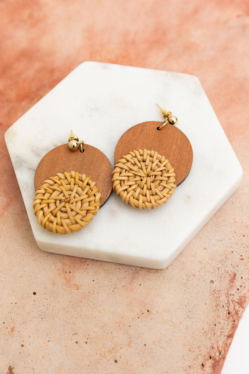 Boho Wood-Trimmed Round Straw Earrings Jewelry