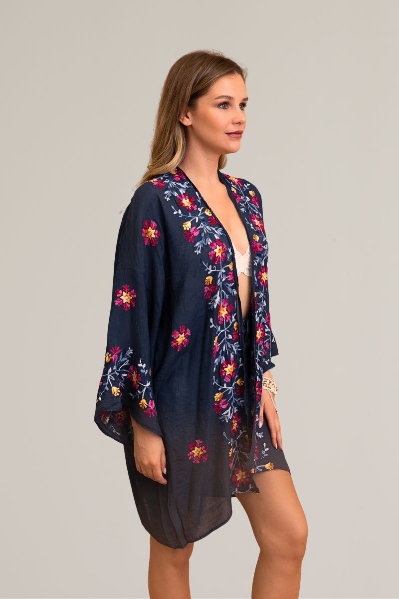 Breathable anemone navy kimono cardigan with floral embroidery.