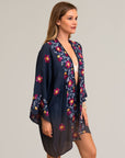 Breathable anemone navy kimono cardigan with floral embroidery.