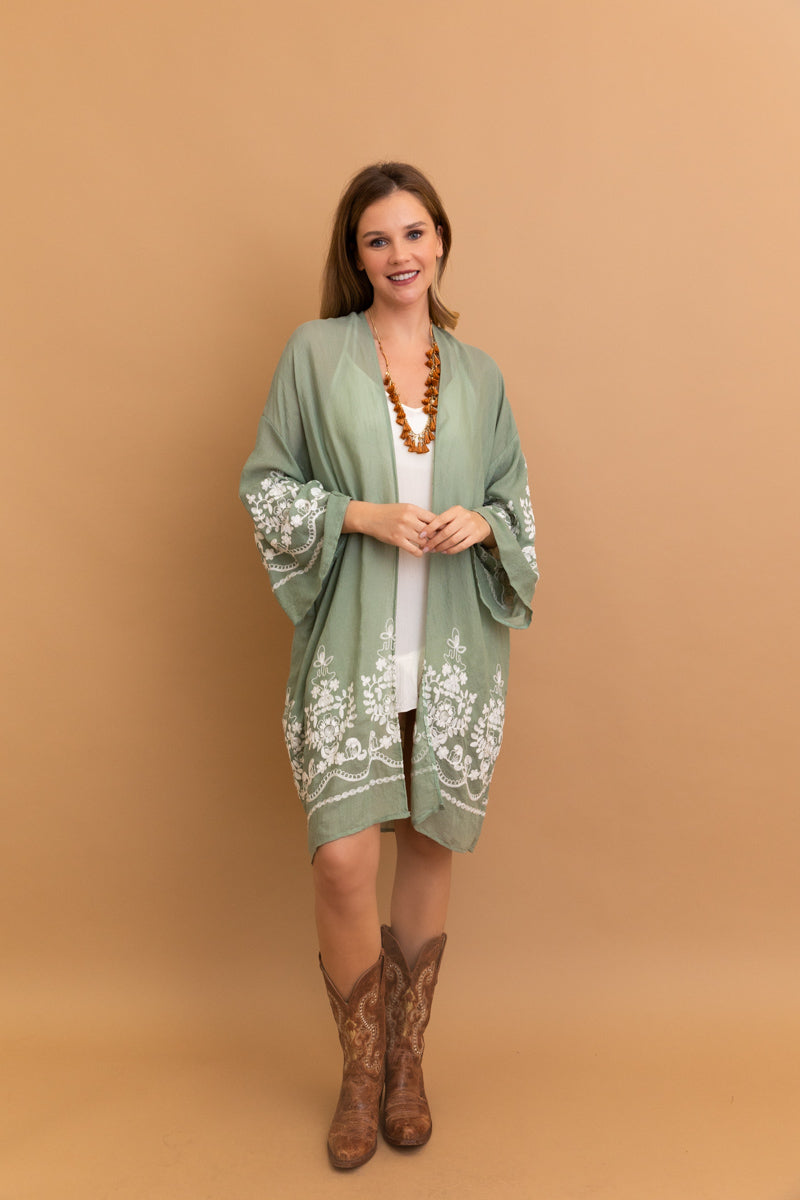 Breathable floral sage kimono cardigan for all-day comfort.