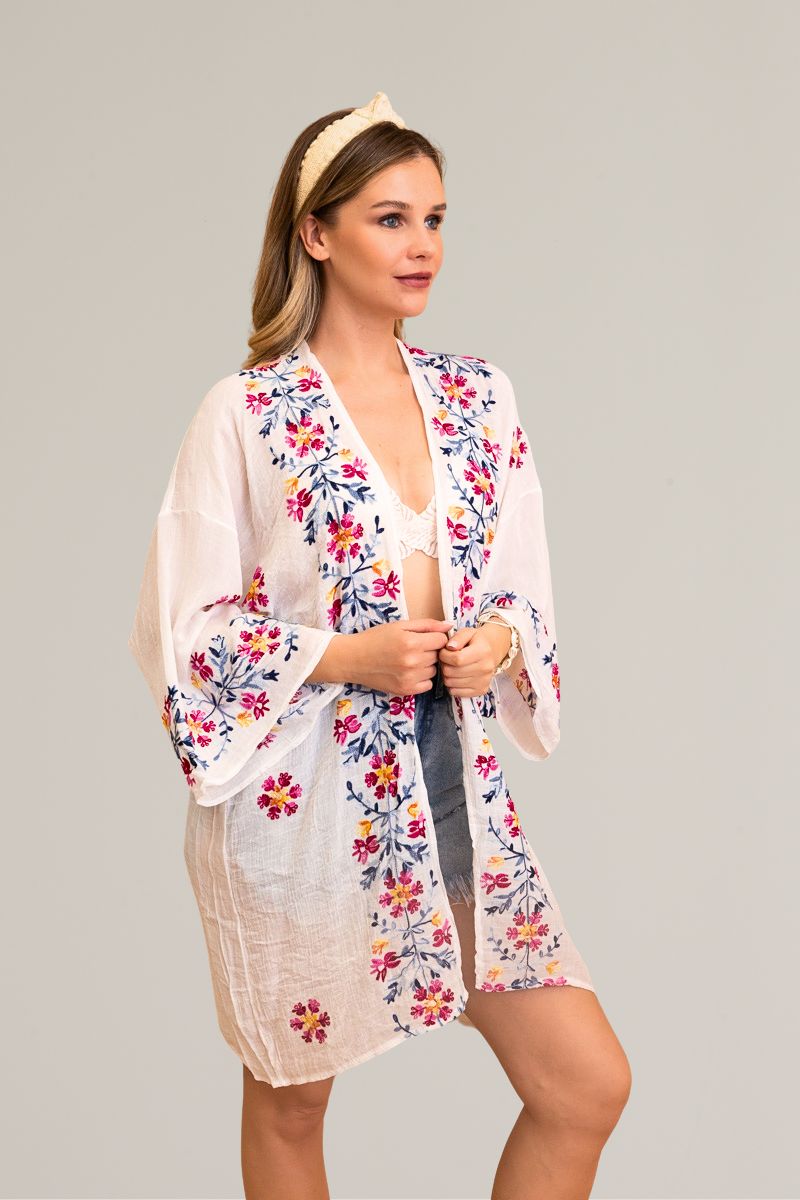 Chic floral embroidered white kimono for layering and style.