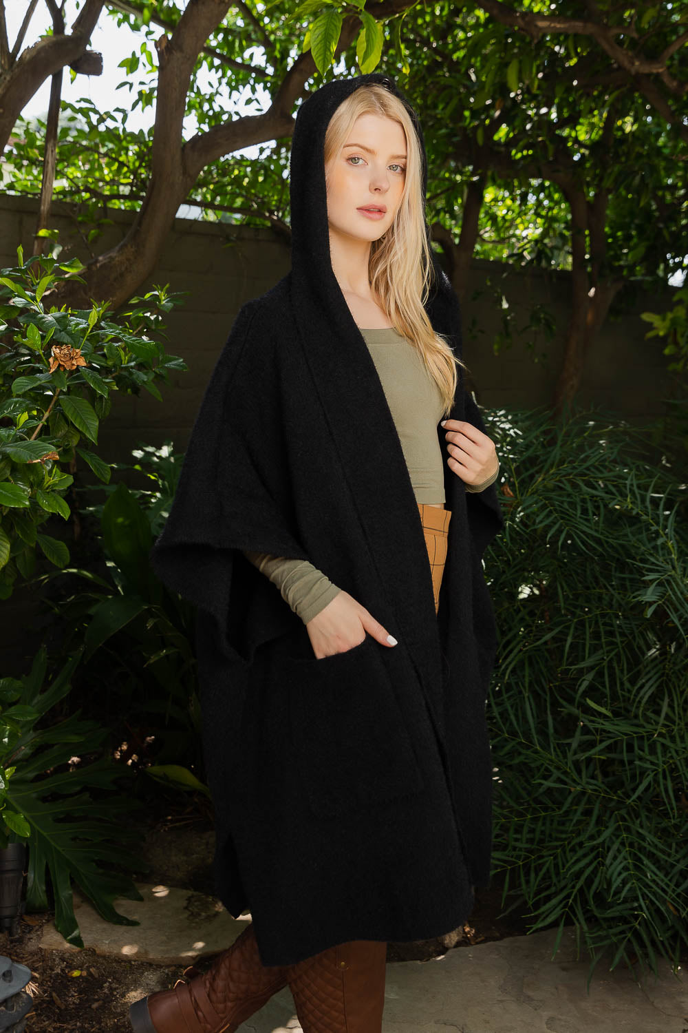 Cozy Plush Solid Color Hooded Ruana Ponchos