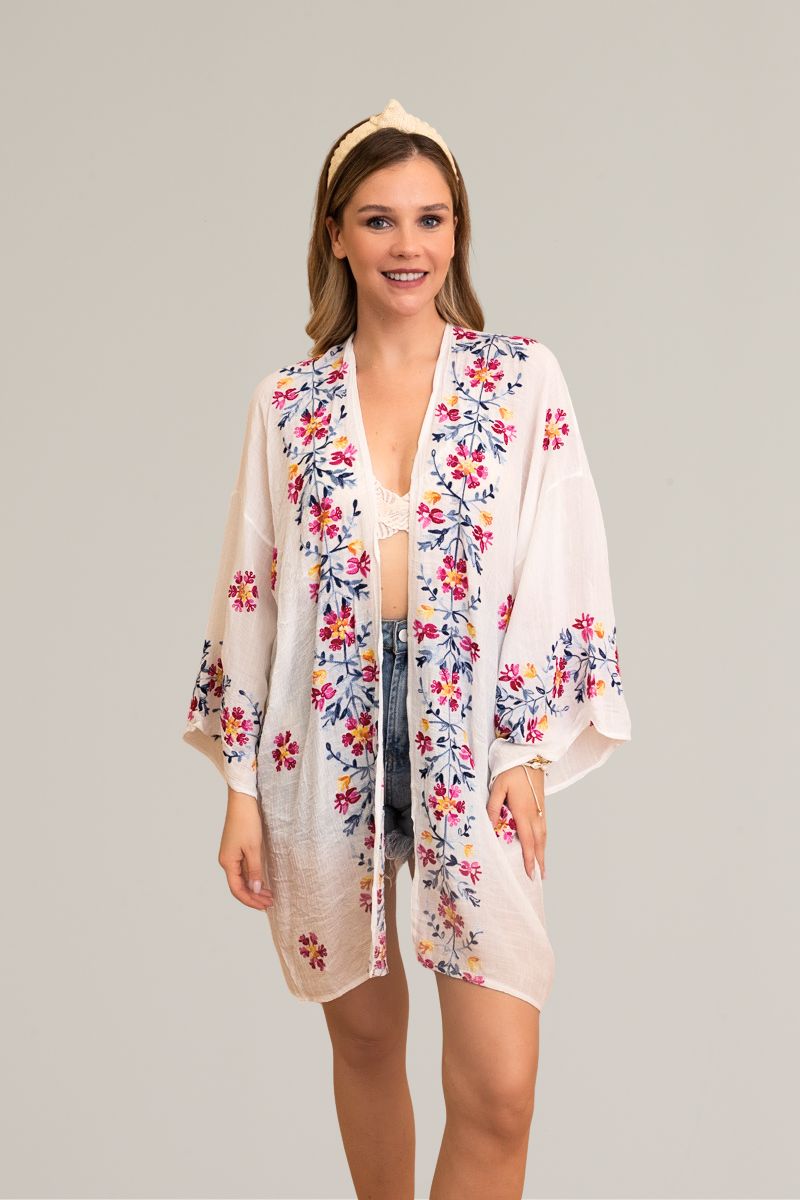 Elegant and lightweight anemone floral white kimono wrap.