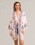 Elegant and lightweight anemone floral white kimono wrap.