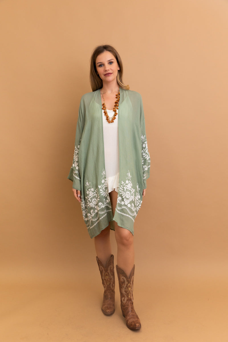 Elegant and lightweight sage floral kimono wrap for any occasion.