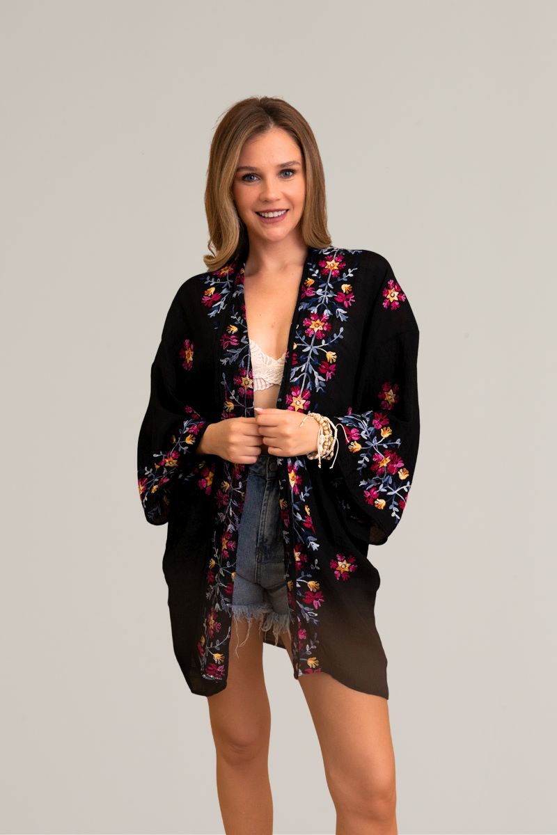 Elegant floral garland black kimono with comfortable design.