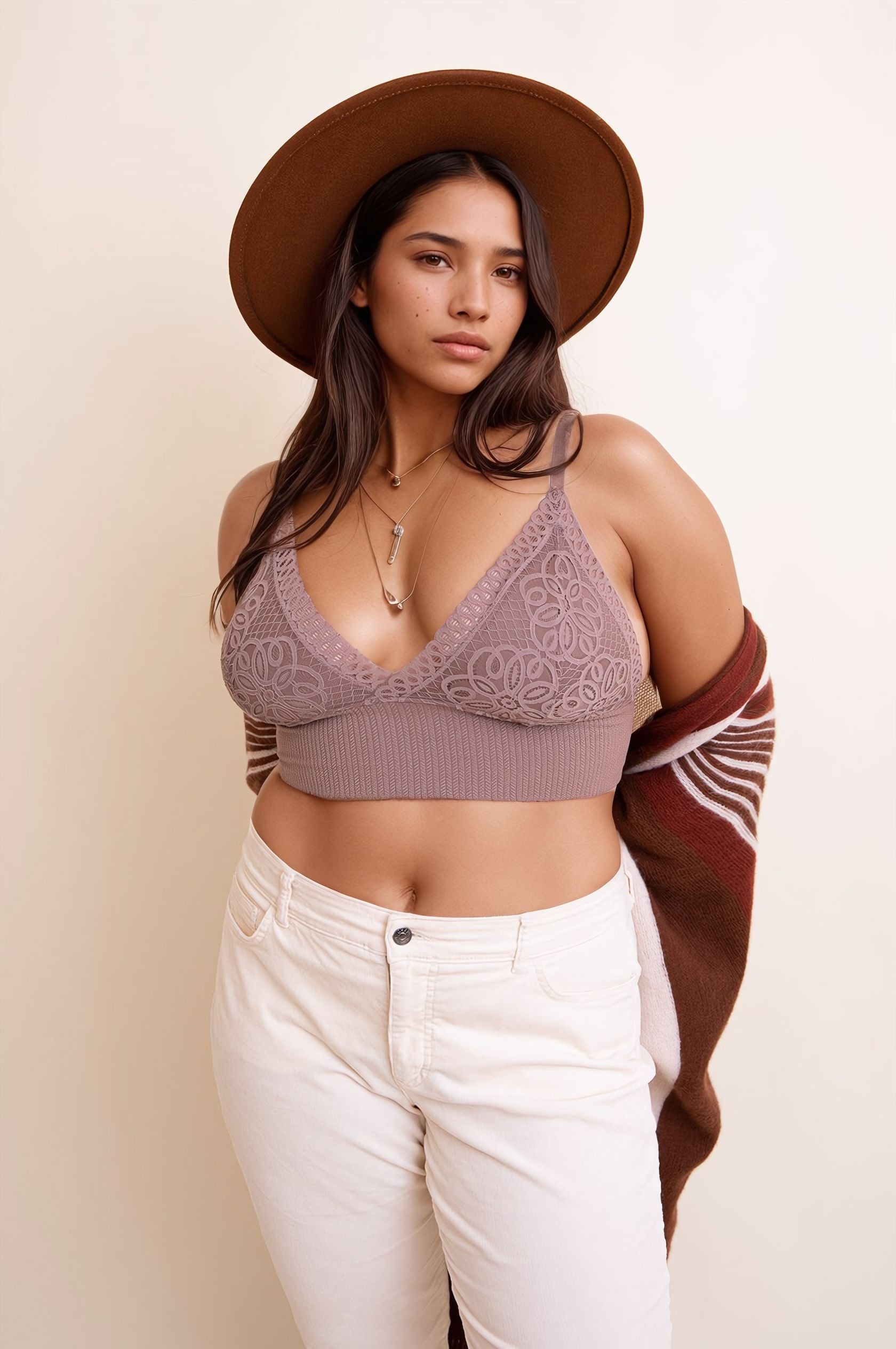 Elegant plus size lace mocha brami with loop waistband design.