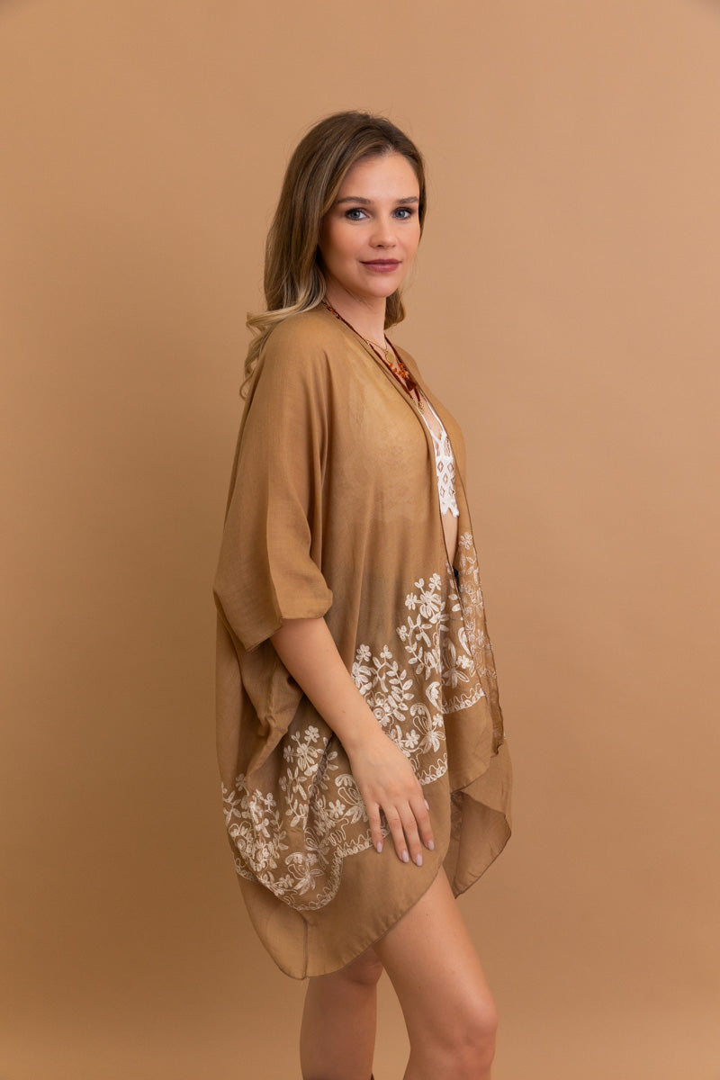 Enchanted Mocha Bloom kimono with stylish floral embroidery.