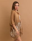 Enchanted Mocha Bloom kimono with stylish floral embroidery.