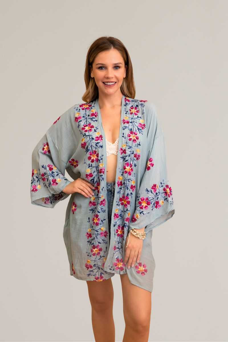 Ethereal anemone sage kimono with lightweight floral embroidered design.