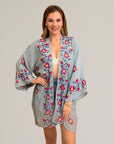 Ethereal anemone sage kimono with lightweight floral embroidered design.