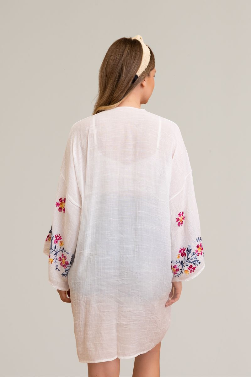 Ethereal anemone white kimono with detailed floral embroidery.