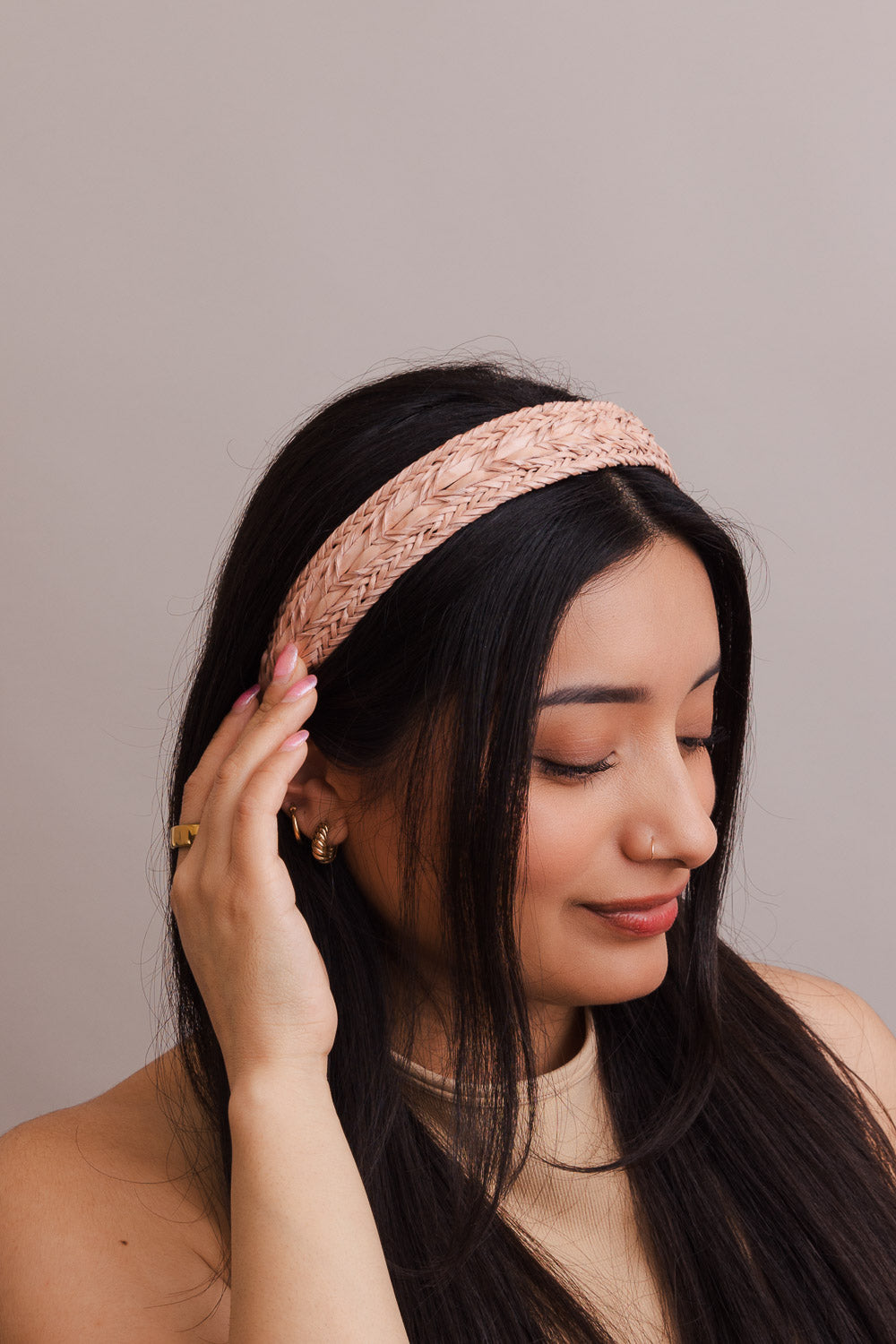 Faux leather patterned blush headband, lightweight and stylish.