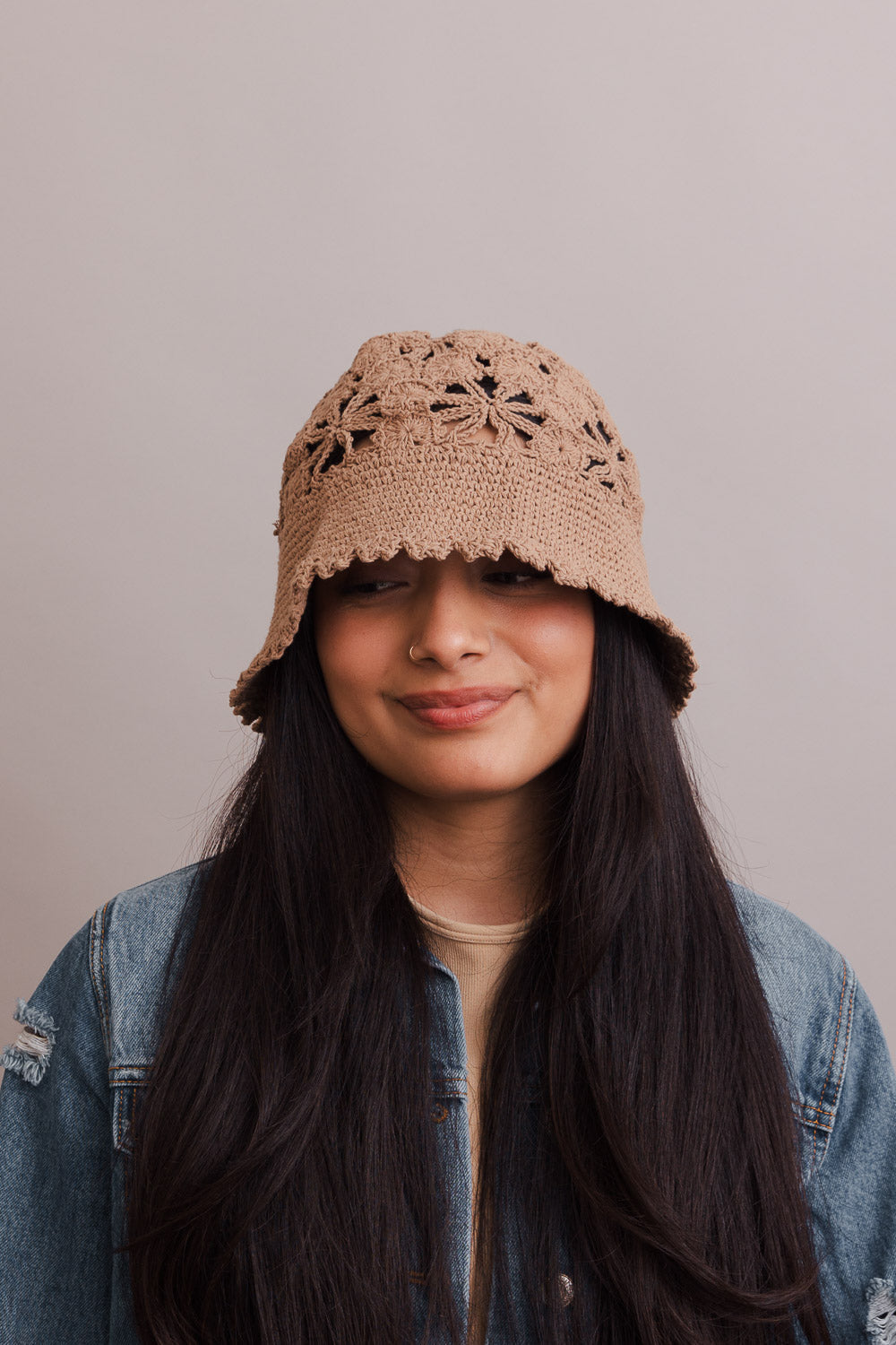 Floral Crochet Bucket Sun Hat Hats One Size / Taupe