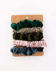 Floral print hair scrunchies with soft elastic.