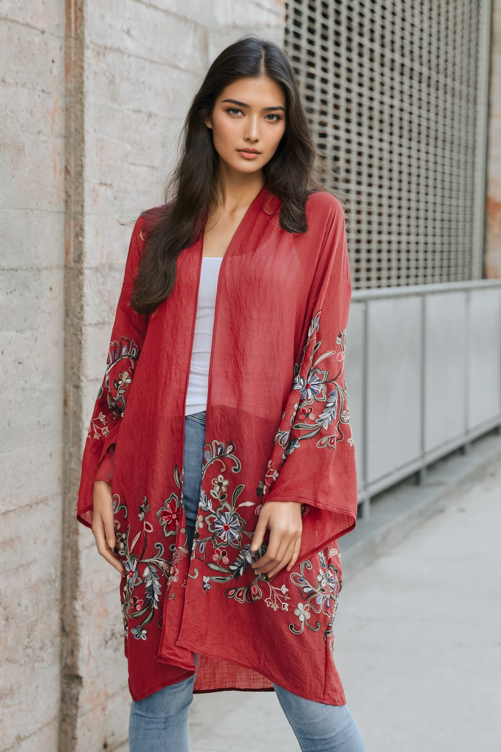 Floral print plum kimono cardigan with soft and durable fabric.