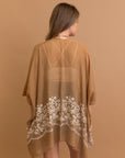 Floral stitch mocha kimono for layering and comfortable wear.