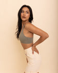 Front lace seamless racerback sage bralette with lightweight style.