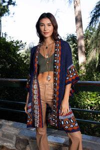 Kachina Tapestry Knit Cardigan Ruana Ponchos One Size / Navy