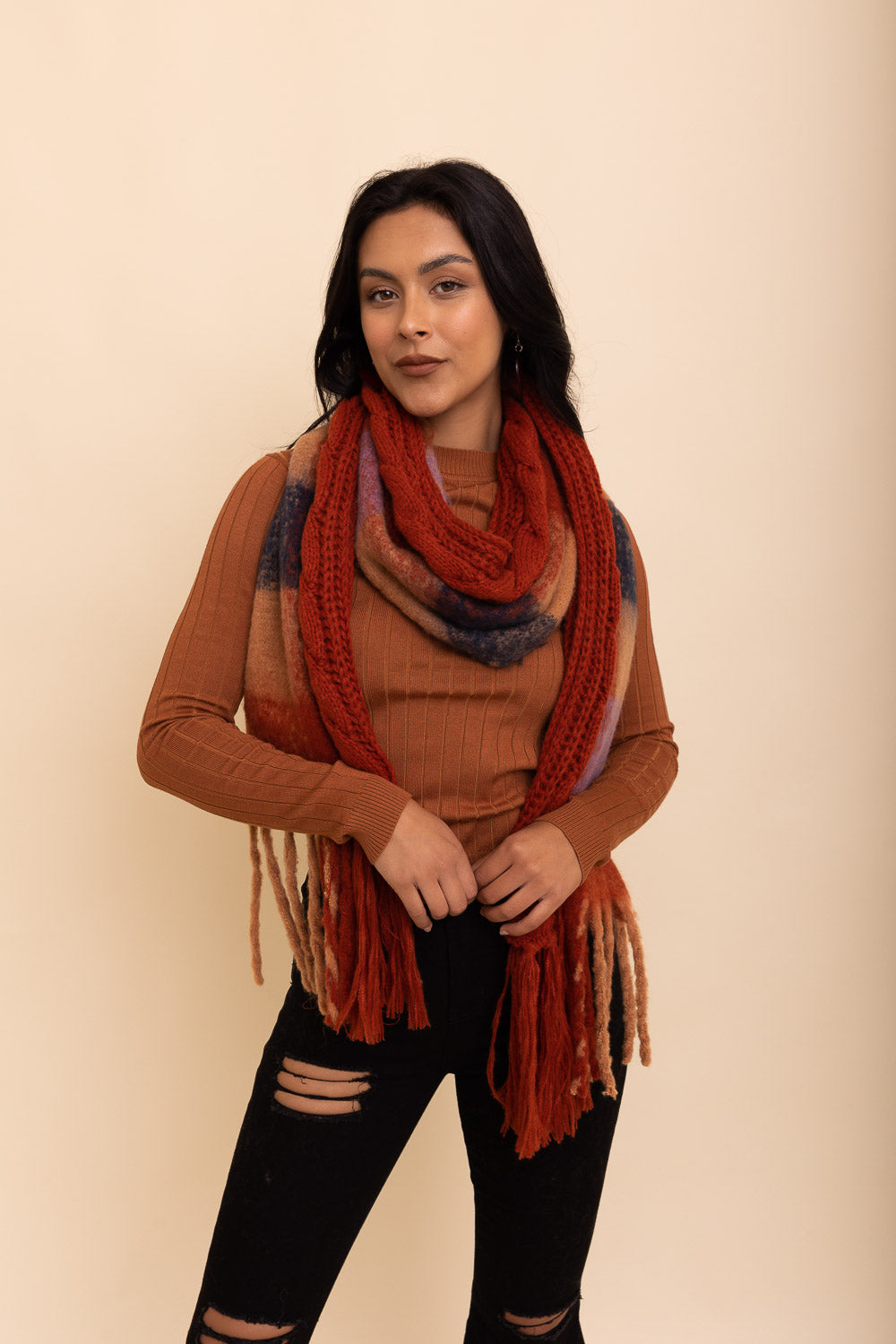 Knit Blend Tassel Trim Scarf Scarves Rust