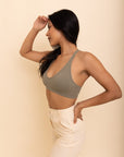 Lacey racerback sage bralette featuring stretchy fabric and lace detail.