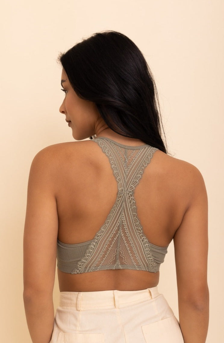 Lacey racerback seamless sage bralette with soft and stretchy lace design.