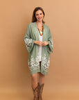 Lightweight and comfortable sage embroidered floral kimono.