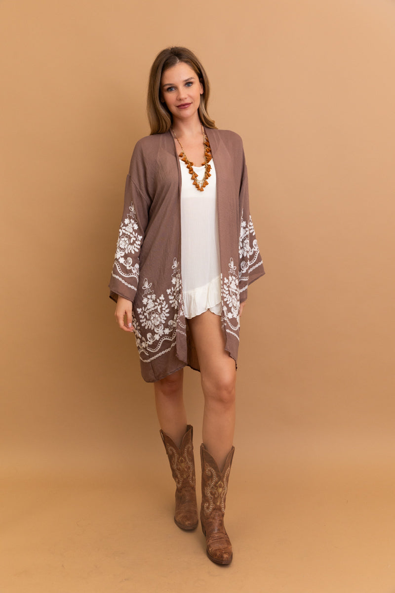 Lightweight Blossom Breeze floral mocha kimono with chic design.