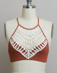 Lightweight crochet halter rust bralette with elegant design.