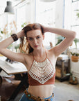 Lightweight crochet lace rust bralette in high neck style.