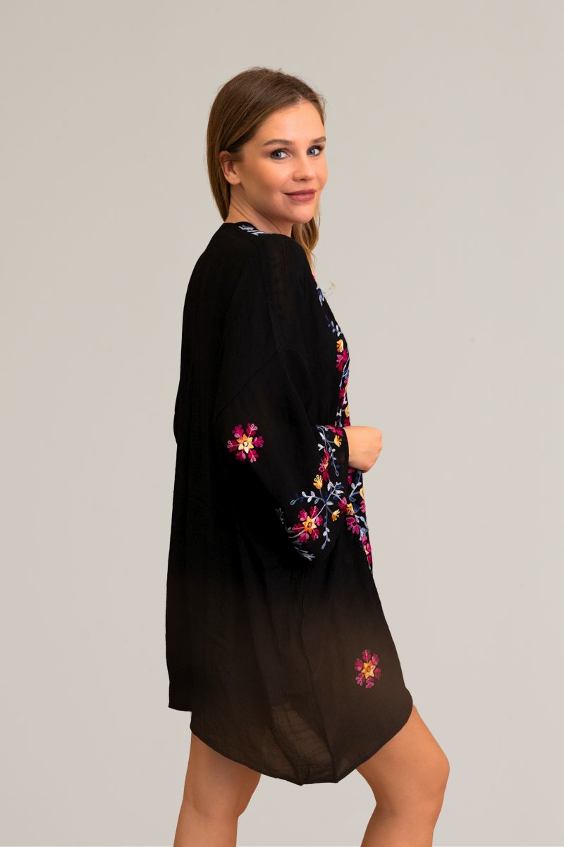 Lightweight floral embroidered black kimono for casual and formal wear.