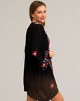 Lightweight floral embroidered black kimono for casual and formal wear.