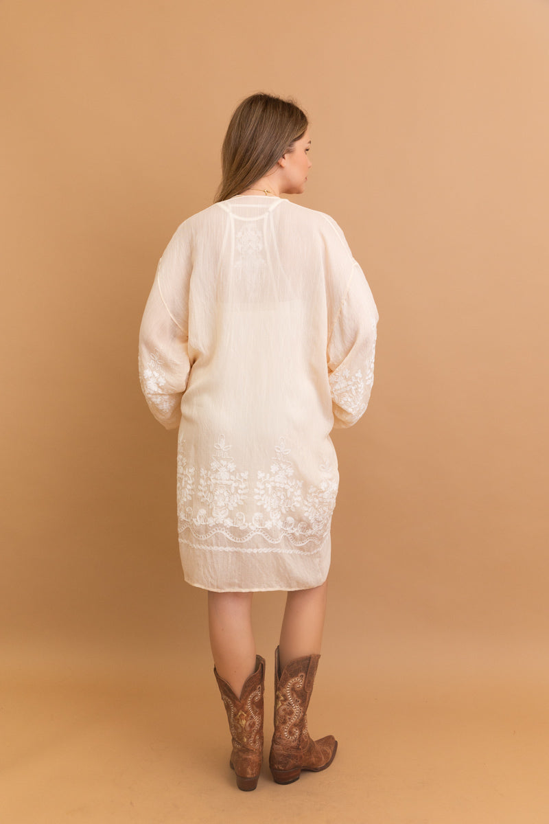 Lightweight floral embroidered cream kimono perfect for layering.