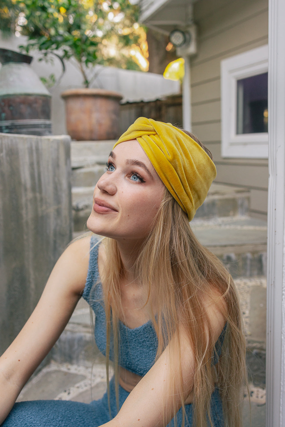 Mustard elegant twisted velvet headbands for casual and formal outfits.