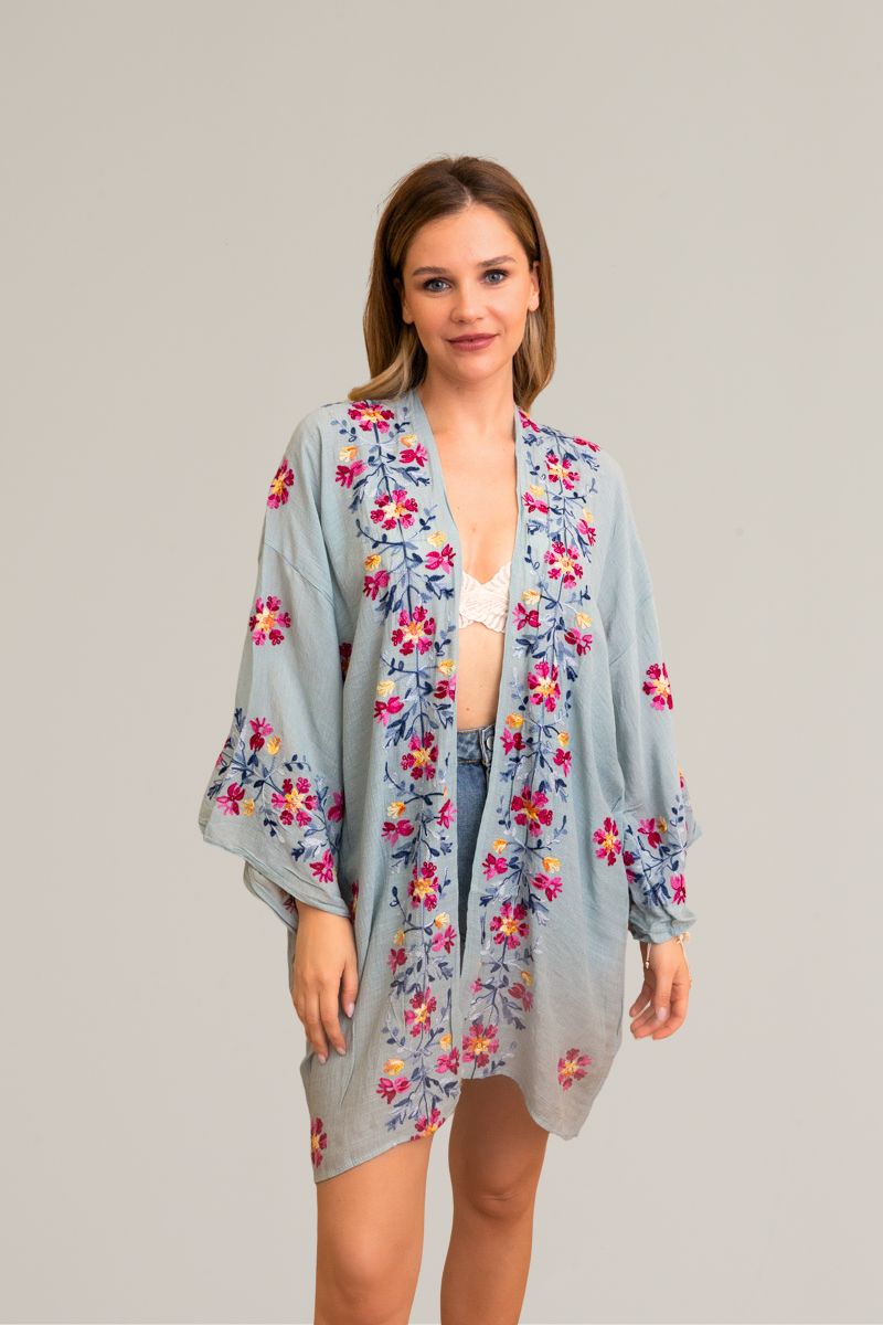 Open-front anemone sage kimono, perfect for layering.