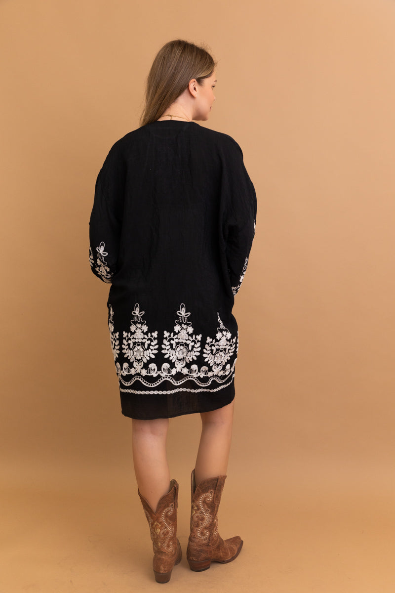 Open-front Blossom Breeze black kimono for casual and formal outfits.