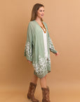 Open-front lightweight sage floral vine kimono for layering.