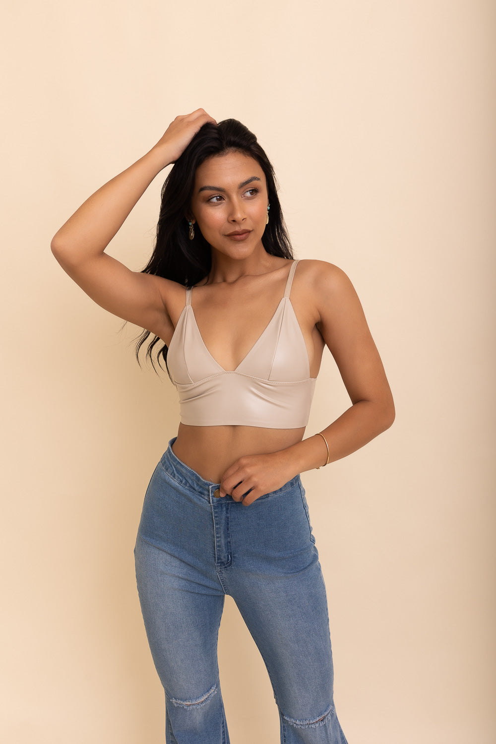 Posh Faux Leather Longline Bralette Small / Oatmeal