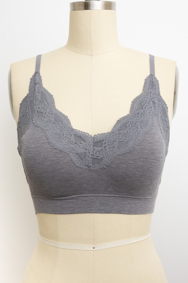 Ribbed lace trim seamless gray bralette in soft modal fabric.