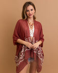 Rosewood chic open-front kimono with Enchanted Bloom embroidery.