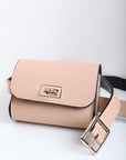 Small nude vegan leather waist bag with durable design.