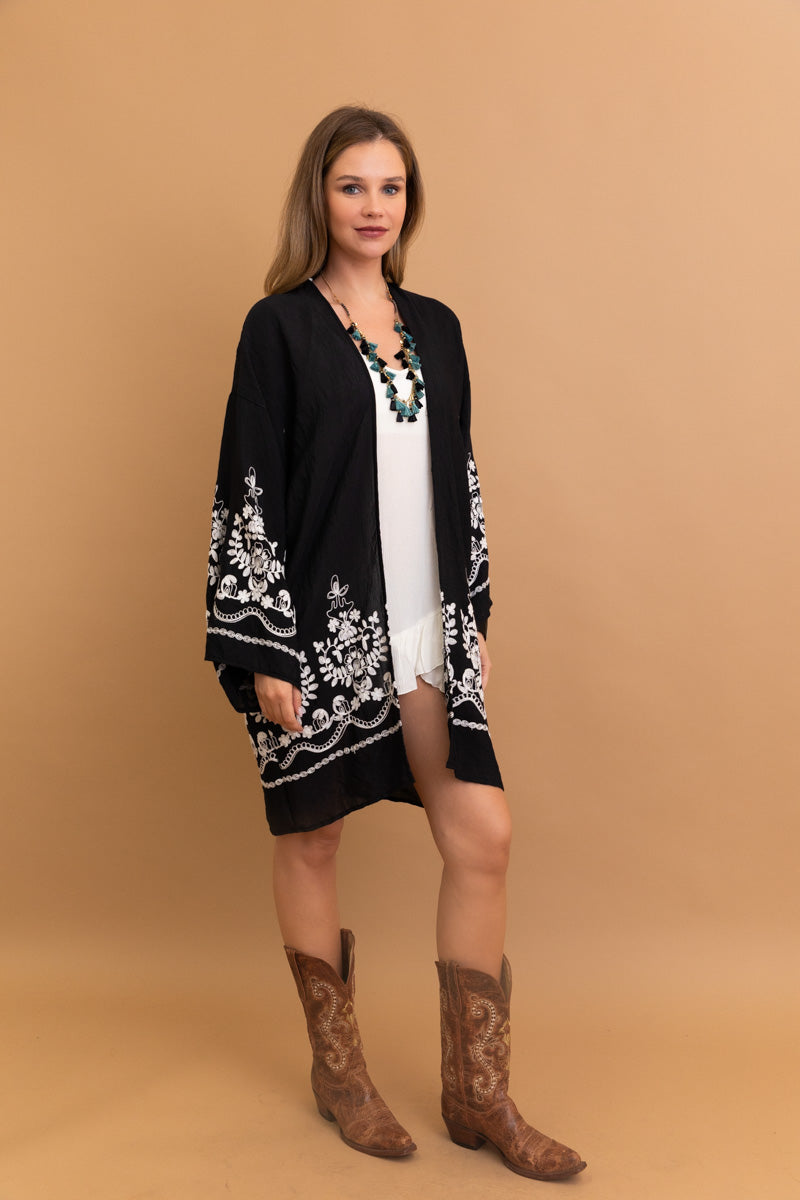 Sophisticated floral embroidered black kimono for stylish layering.