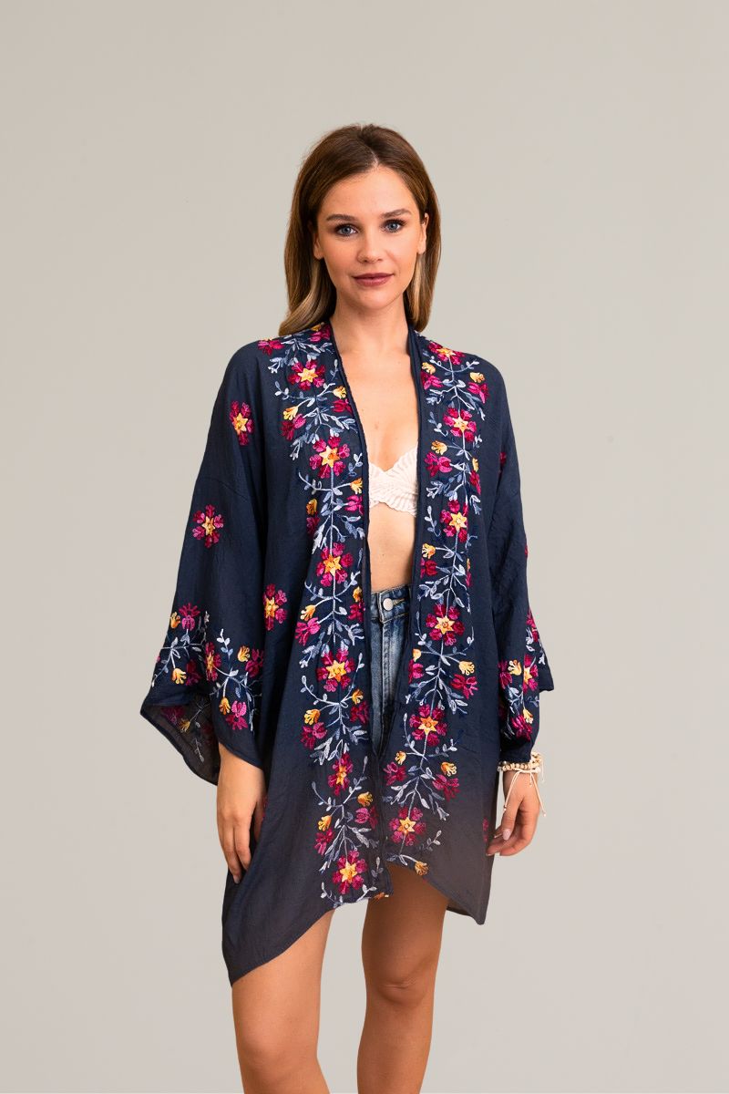 Sophisticated floral navy kimono wrap with intricate details.