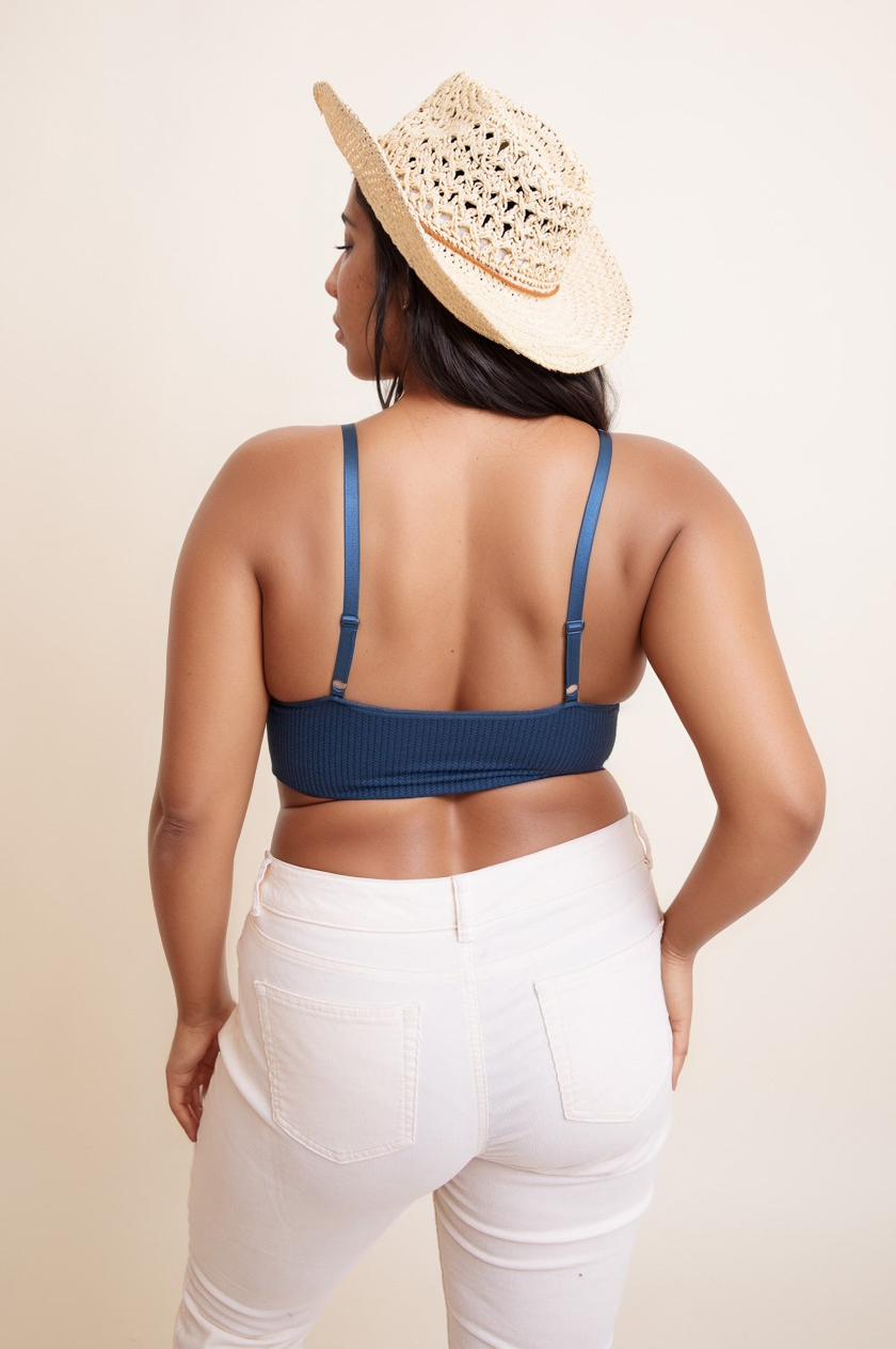 Stretchy lace blue brami plus size with loop waistband detail.