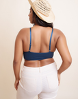 Stretchy lace blue brami plus size with loop waistband detail.